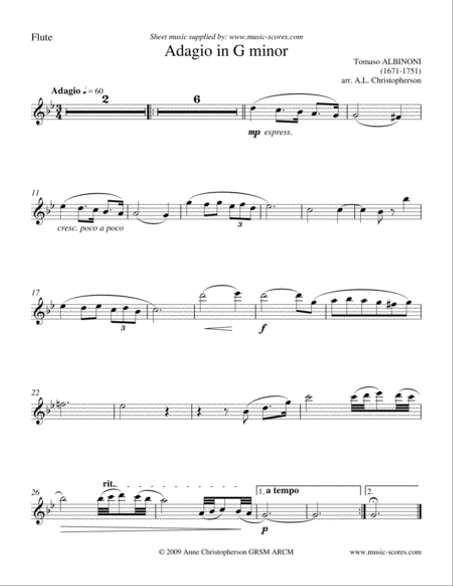 Albinoni Adagio - Flute, 2 Clarinets and Piano Clarinet scores gallery preview page 4