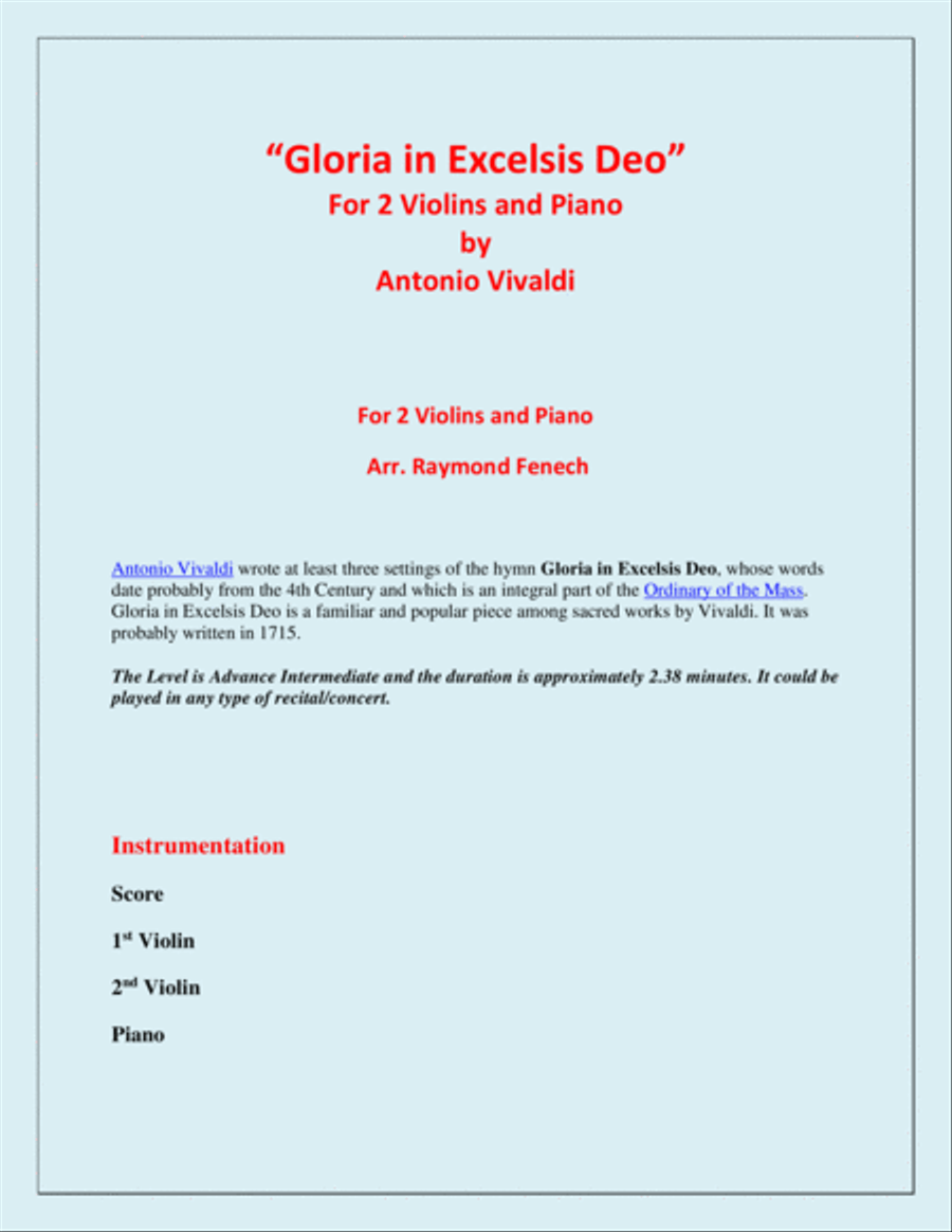 Gloria in Excelsis Deo - for 2 Violins and Piano String Duet scores gallery preview page 2