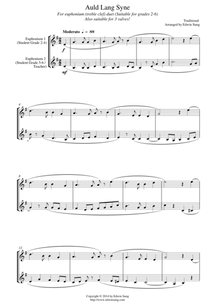 Auld Lang Syne (for euphonium duet (Bb treble, 3 or 4 valved), suitable for grades 2-6) image number null