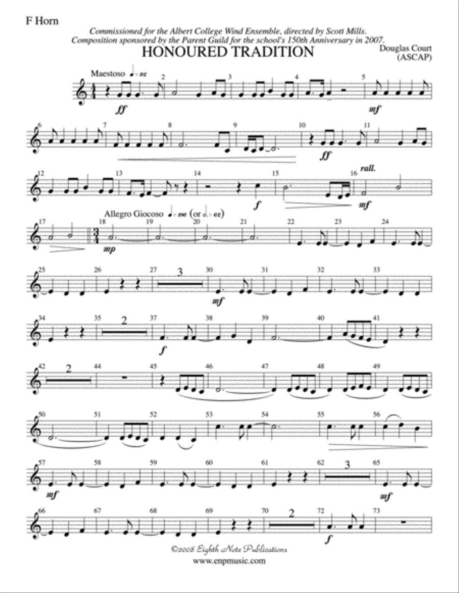 Honoured Tradition: 1st F Horn Concert Band scores gallery preview page 1