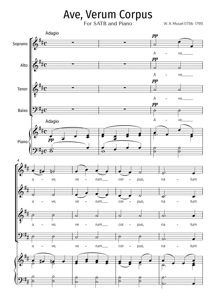 W. A. Mozart Ave Verum Corpus K 618. For SATB and Piano. PDF 4-Part scores gallery preview page 1