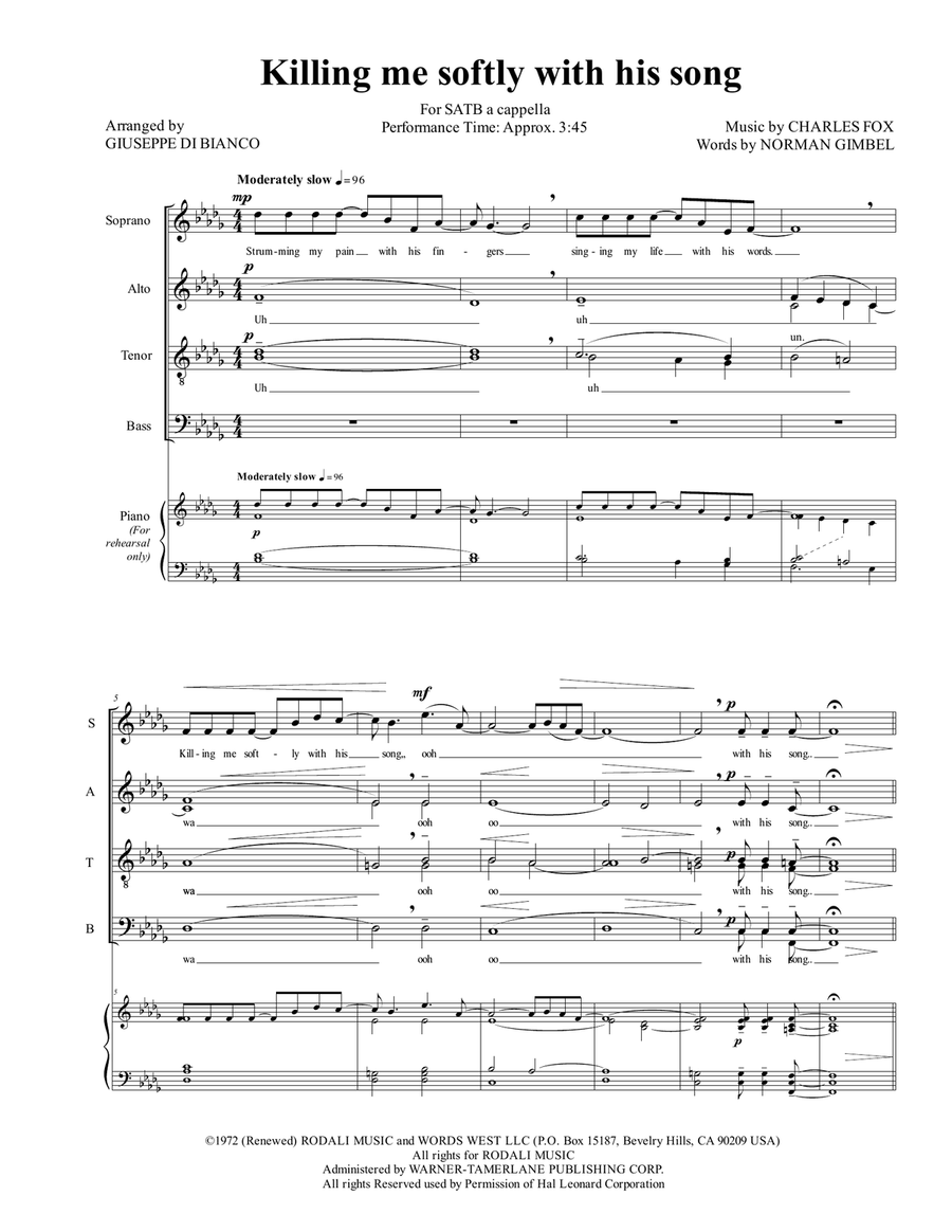 Killing Me Softly With His Song 4-Part scores gallery preview page 1