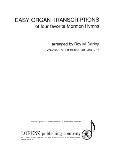 Easy Organ Transcriptions of Four Favorite Mormon Hymns
