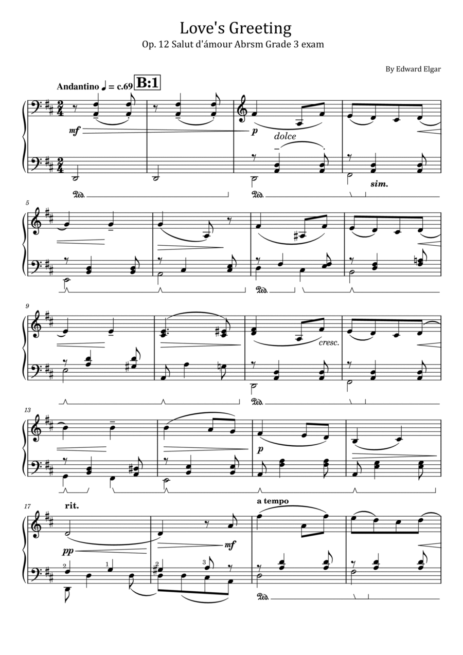 Love's Greeting Op.12 - Salut d'ámour Abrsm Grade 3 exam - For Easy Piano Easy Piano scores gallery preview page 1