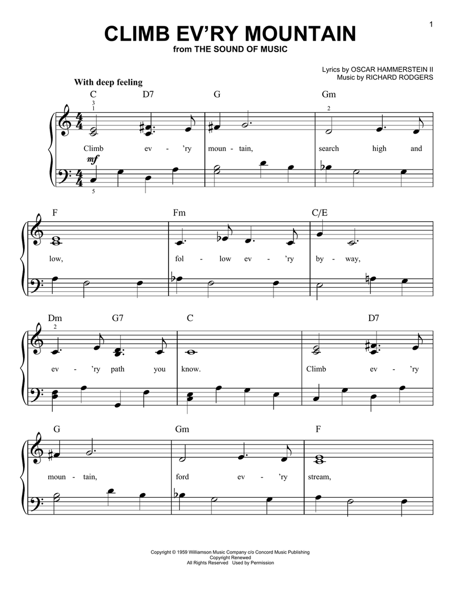 Climb Ev'ry Mountain (from The Sound of Music) Easy Piano scores gallery preview page 1