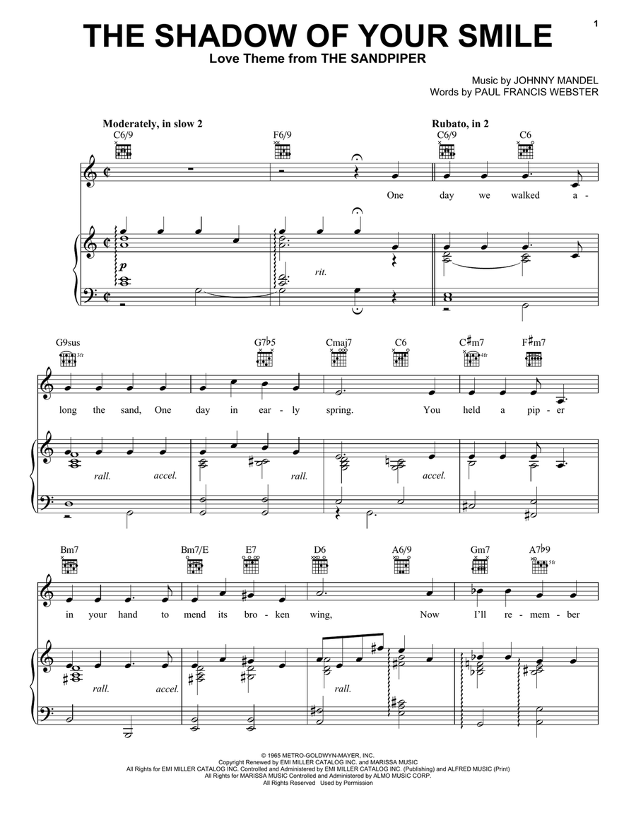 The Shadow Of Your Smile Piano, Vocal, Guitar scores gallery preview page 1