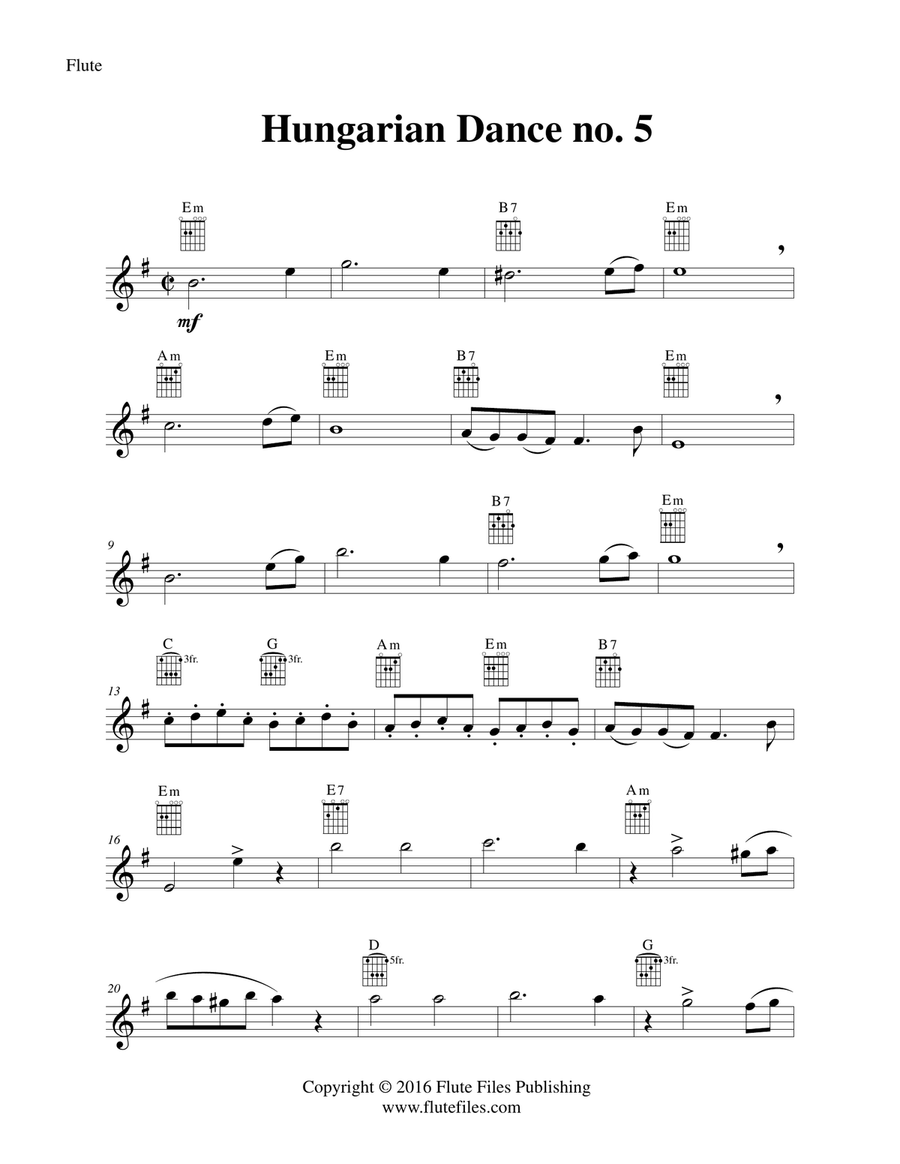 Hungarian Dance no. 5 - Flute Solo with Guitar Chords Chamber Music scores gallery preview page 3