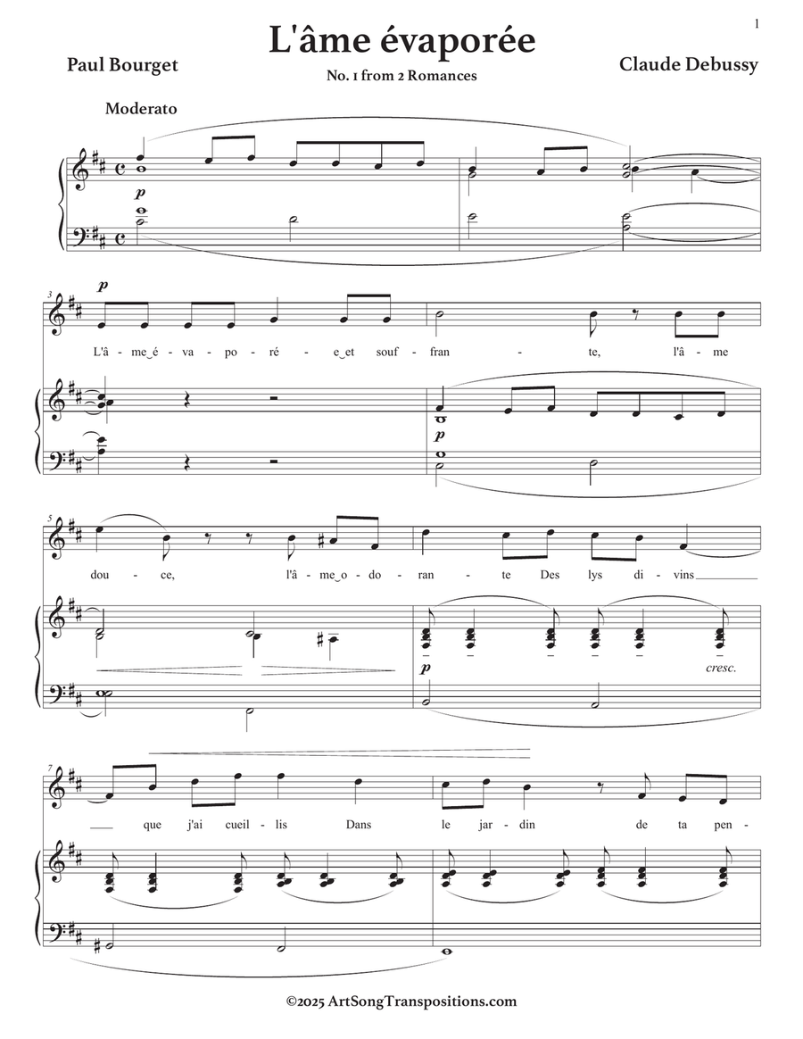 DEBUSSY: L'âme évaporée (transposed to D major, 