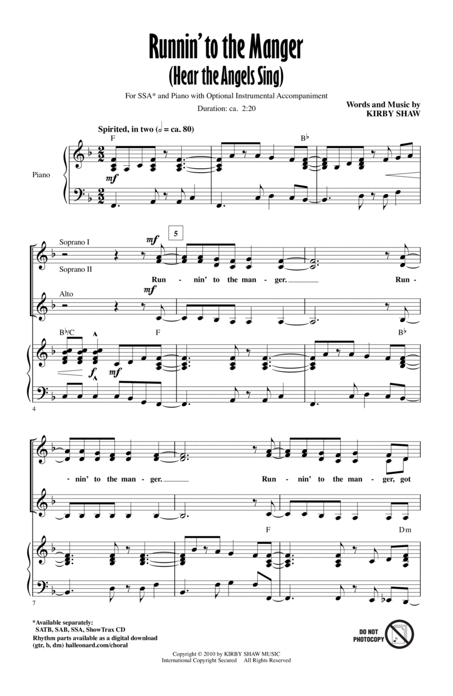 Runnin' To The Manger (Hear The Angels Sing) SSA scores gallery preview page 1