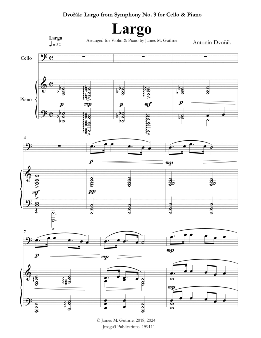 Dvořák: Largo from the New World Symphony for Cello & Piano Piano scores gallery preview page 1