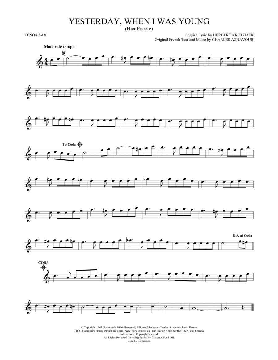 Yesterday, When I Was Young (Hier Encore) Tenor Saxophone scores gallery preview page 1
