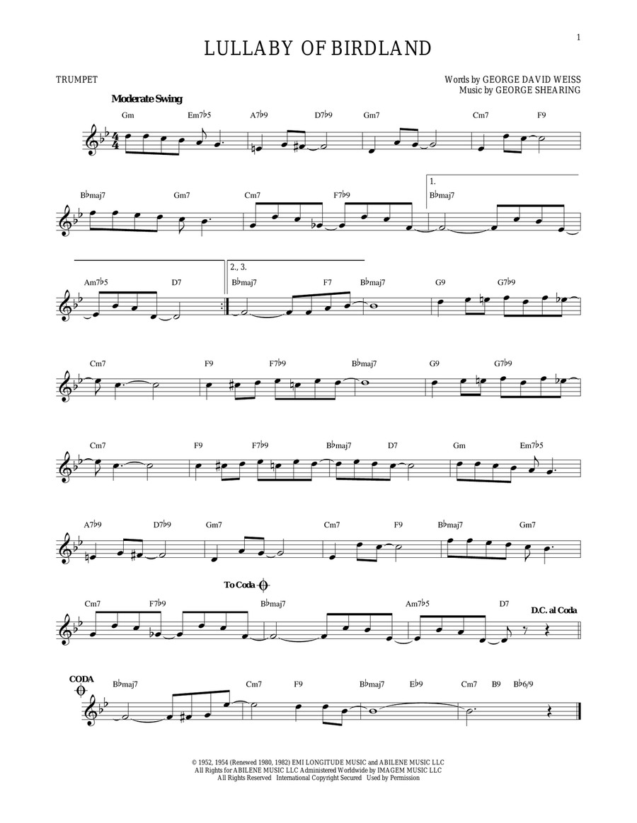 Lullaby Of Birdland Lullaby Of Birdland Trumpet Solo scores gallery preview page 1