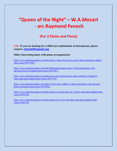 Queen of the Night - From the Magic Flute - 2 Flutes and Piano image number null