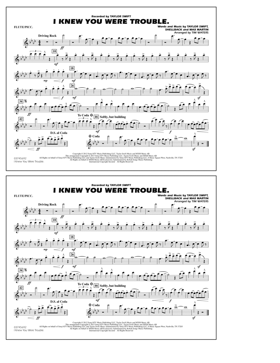 I Knew You Were Trouble - Flute/Piccolo Marching Band scores gallery preview page 1