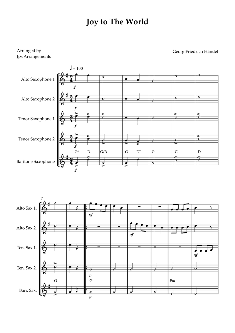 Joy To The World Sax quintet easy beginner Saxophone Quintet scores gallery preview page 1