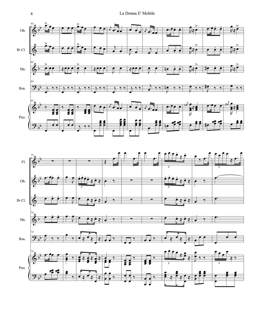 La Donna È Mobile (for Woodwind Quintet and Piano) Woodwind Quintet scores gallery preview page 5