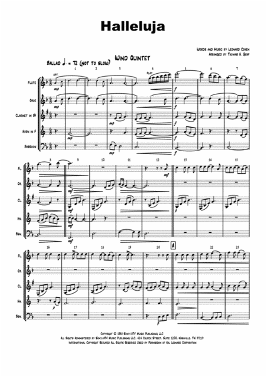Hallelujah Woodwind Quintet scores gallery preview page 1