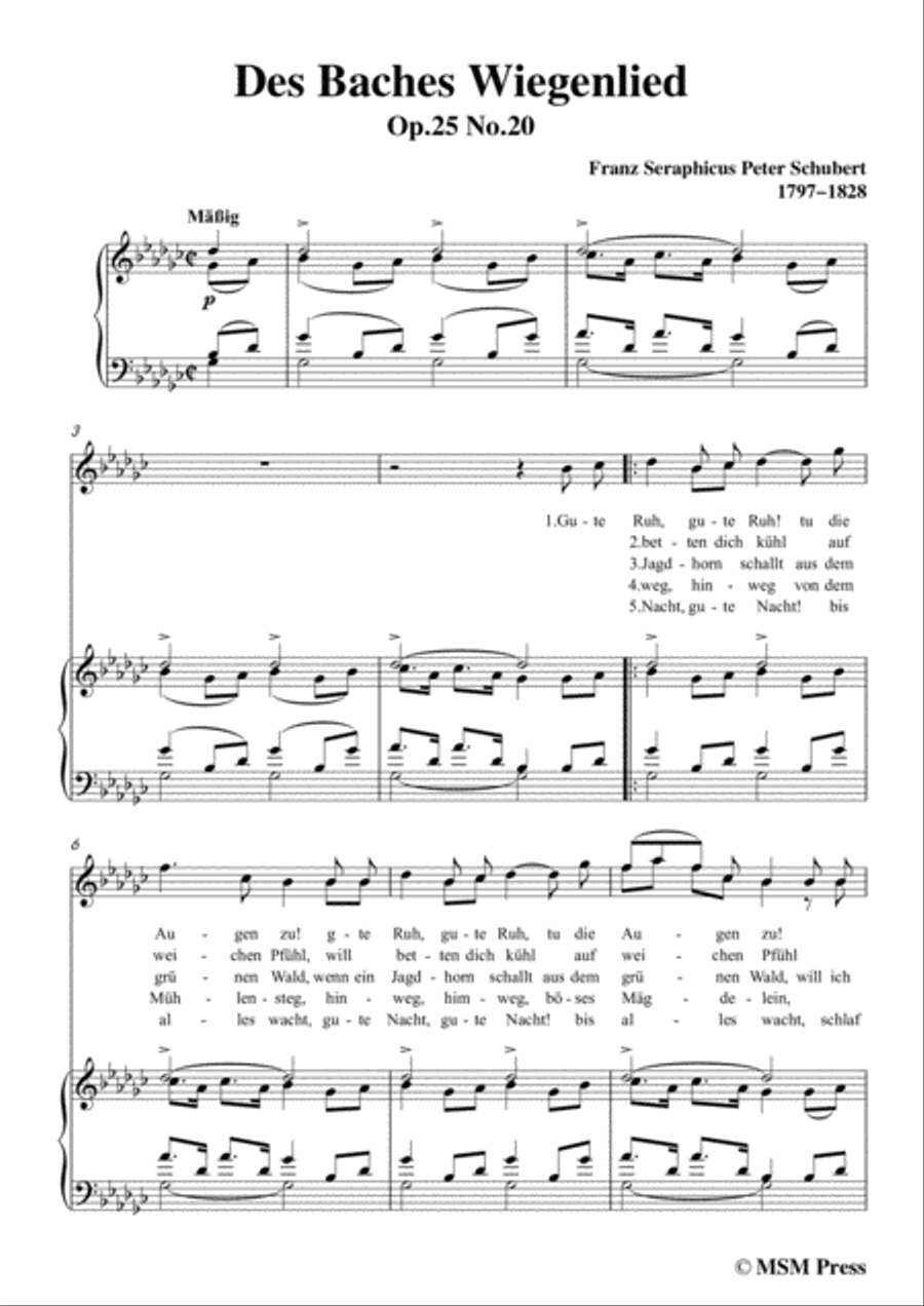 Schubert-Des Baches Wiegenlied,from 'Die Schöne Müllerin',Op.25 No.20,in G flat Major,for Voice&Pian Voice scores gallery preview page 3