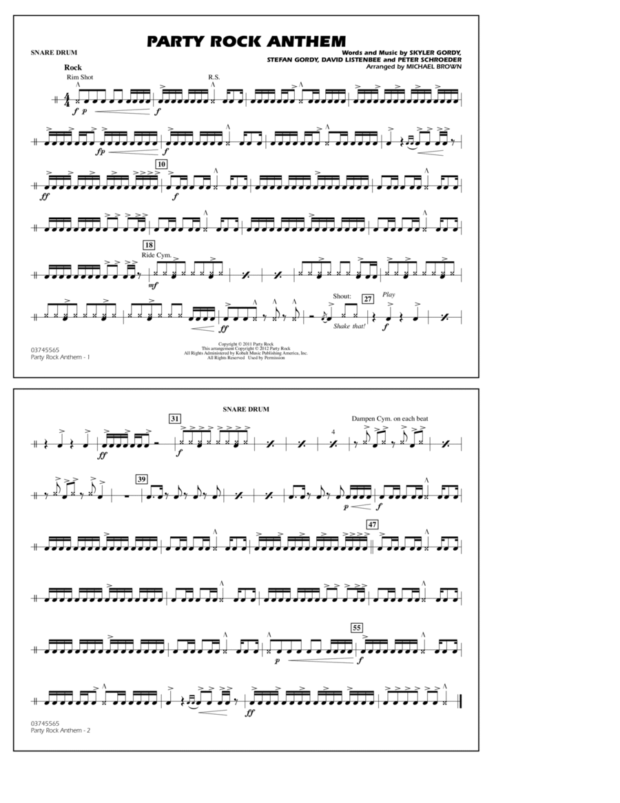 Party Rock Anthem - Snare Drum Marching Band scores gallery preview page 1
