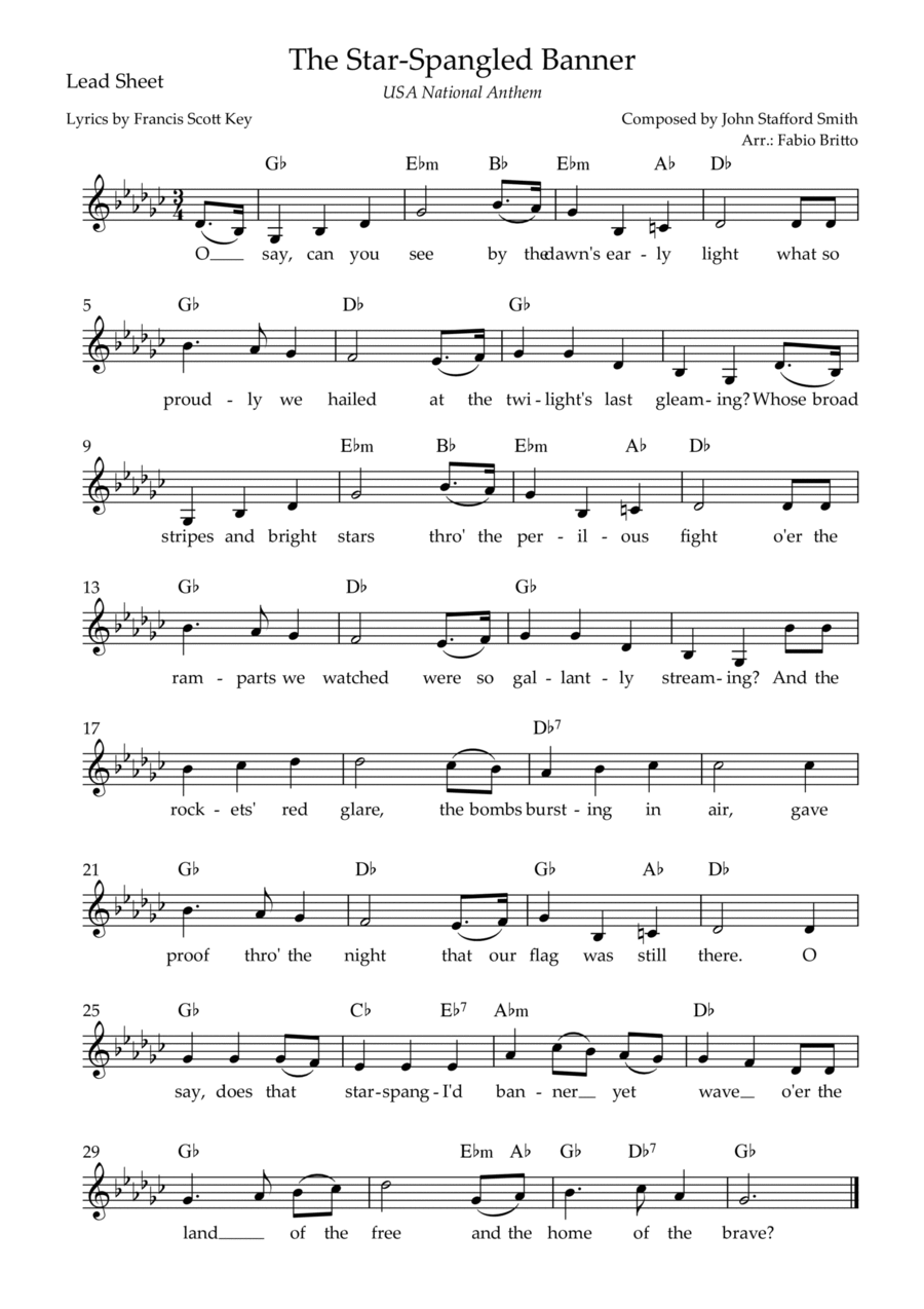 The Star Spangled Banner (USA National Anthem) Lead Sheet (Gb Major) Piano scores gallery preview page 1