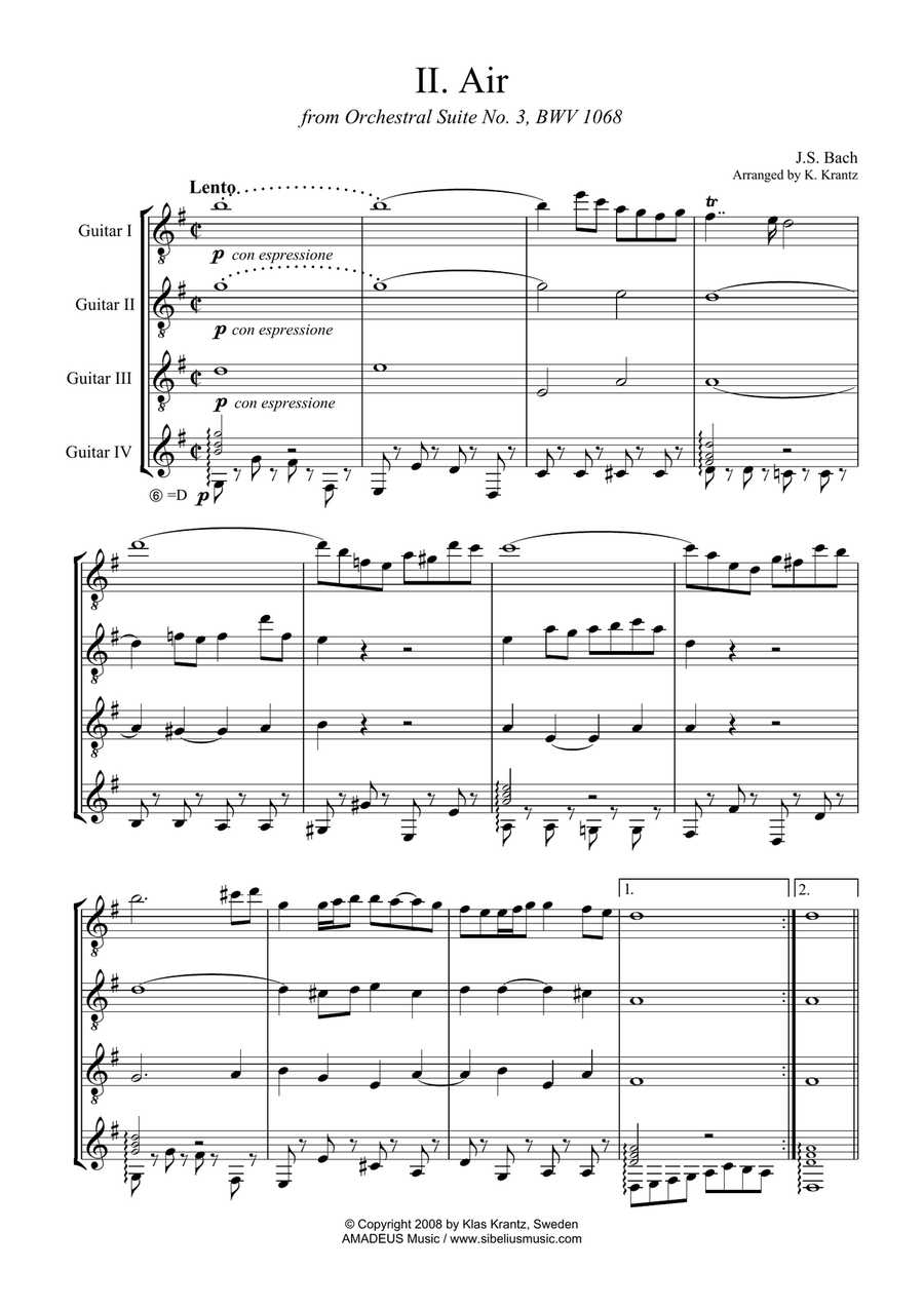 Air (on the G string) BWV 1068 for guitar quartet Guitar Ensemble scores gallery preview page 1