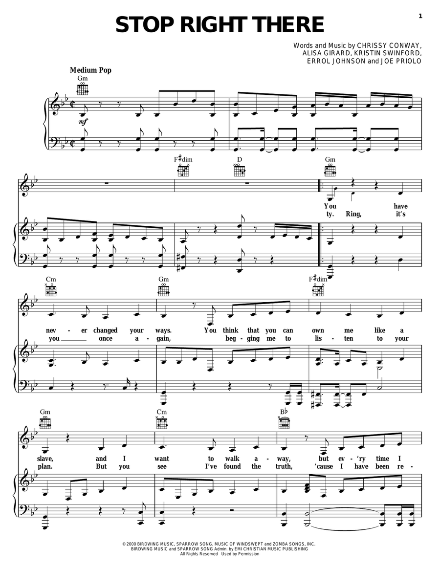 Stop Right There Piano, Vocal, Guitar scores gallery preview page 1