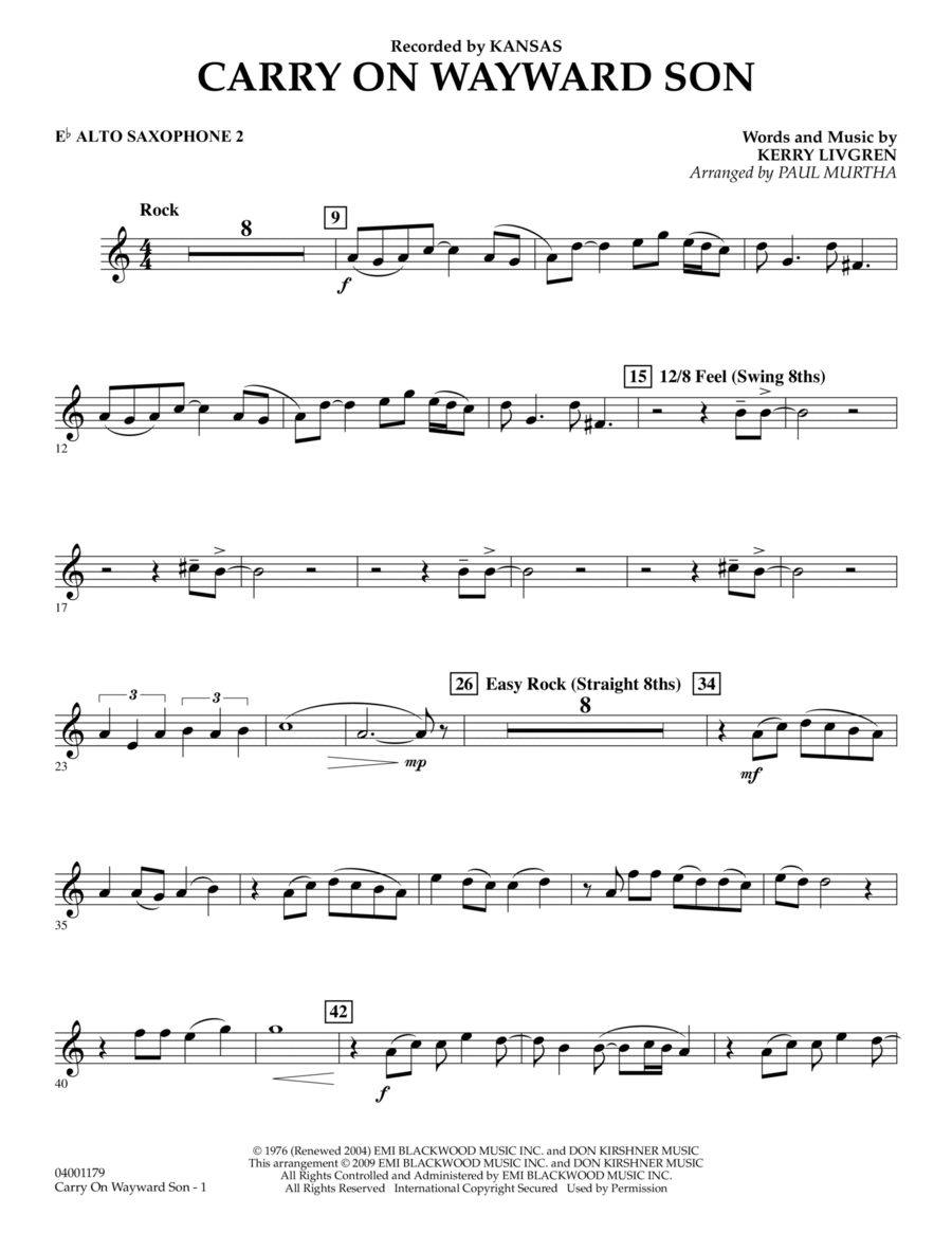 Carry On Wayward Son - Eb Alto Saxophone 2 Concert Band scores gallery preview page 1