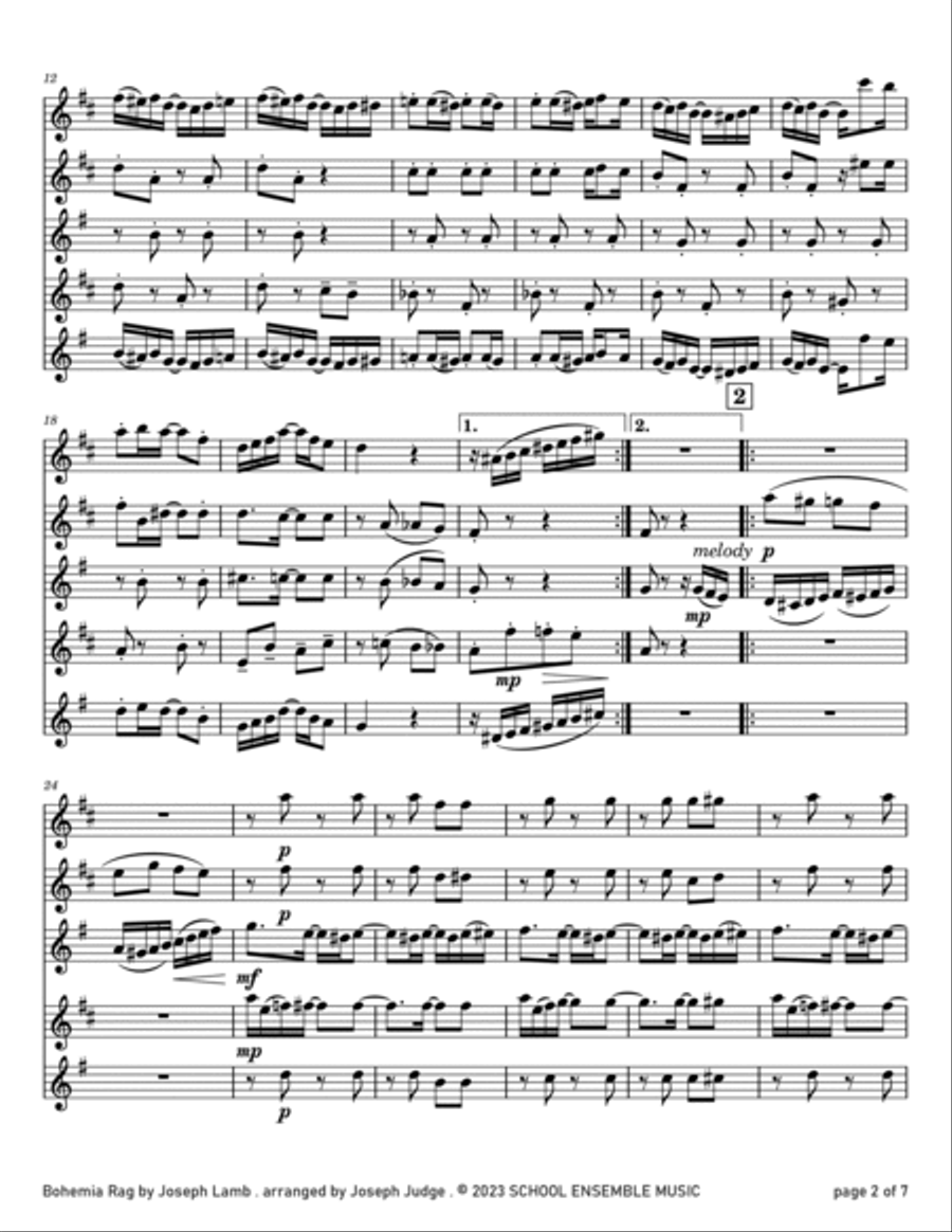 Bohemia Rag by Joseph Lamb for Saxophone Quartet in Schools Saxophone Quartet scores gallery preview page 2