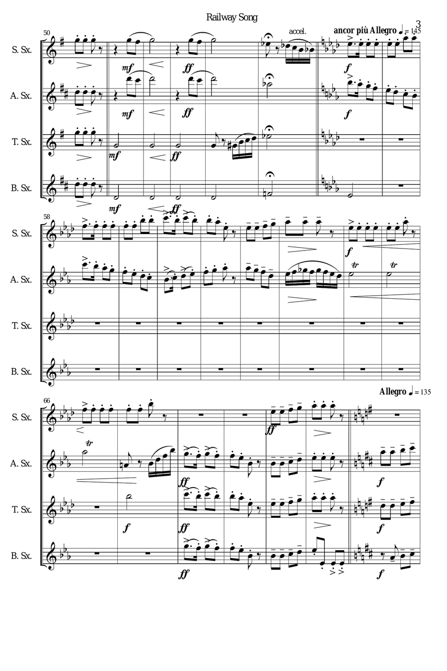 Railway Song (Auf de schwäb'sche Eisebahne) for saxophone quartet Saxophone Quartet scores gallery preview page 3