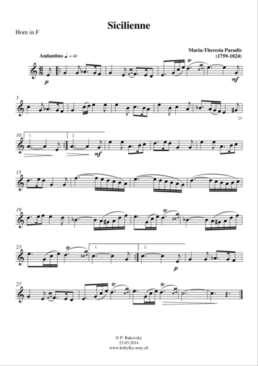 Maria Theresia Paradis: Sicilienne for Horn in F or a solo Instrument in C and piano Piano scores gallery preview page 2