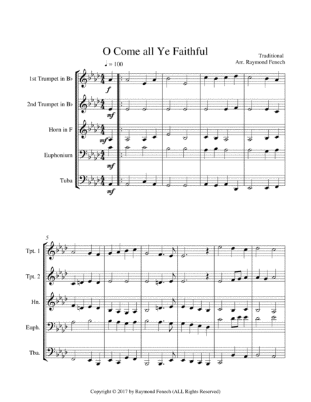 O Come All Ye Faithful - Christmas Sing along (For Brass Quintet - 2 Trumpets, Horn, Euphonium and T image number null