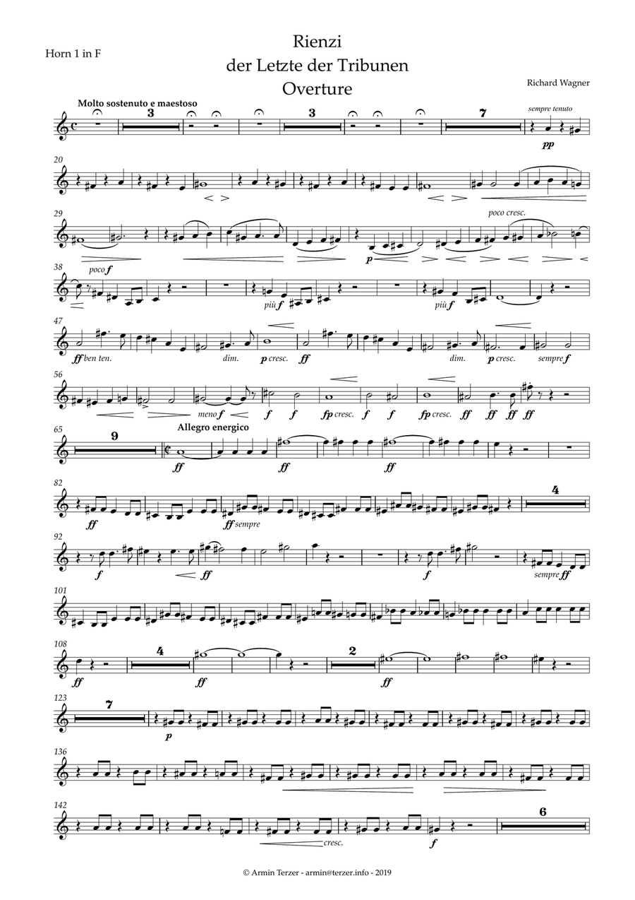 Rienzi Overture - transposed horn parts (1-4) Horn Solo scores gallery preview page 1