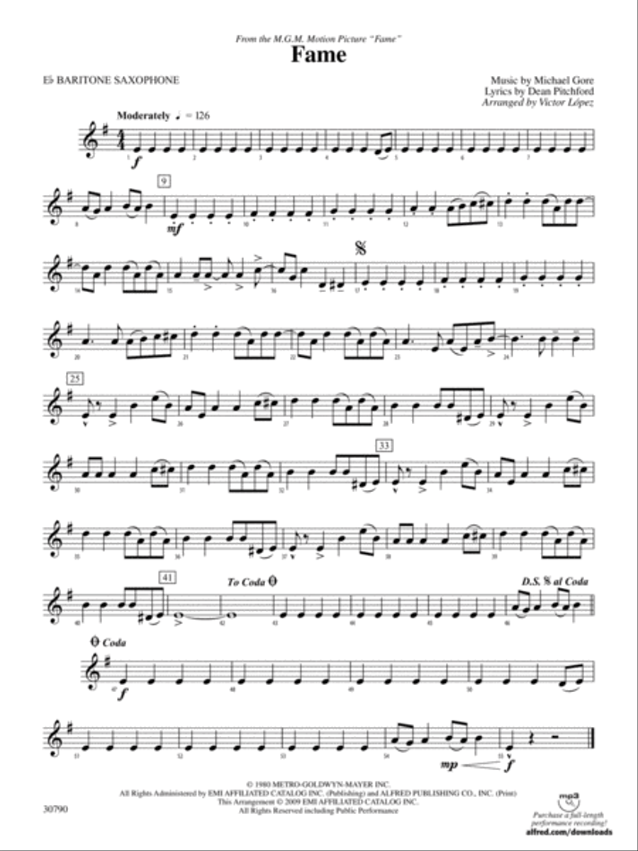 Fame (from the motion picture Fame): E-flat Baritone Saxophone Concert Band scores gallery preview page 1