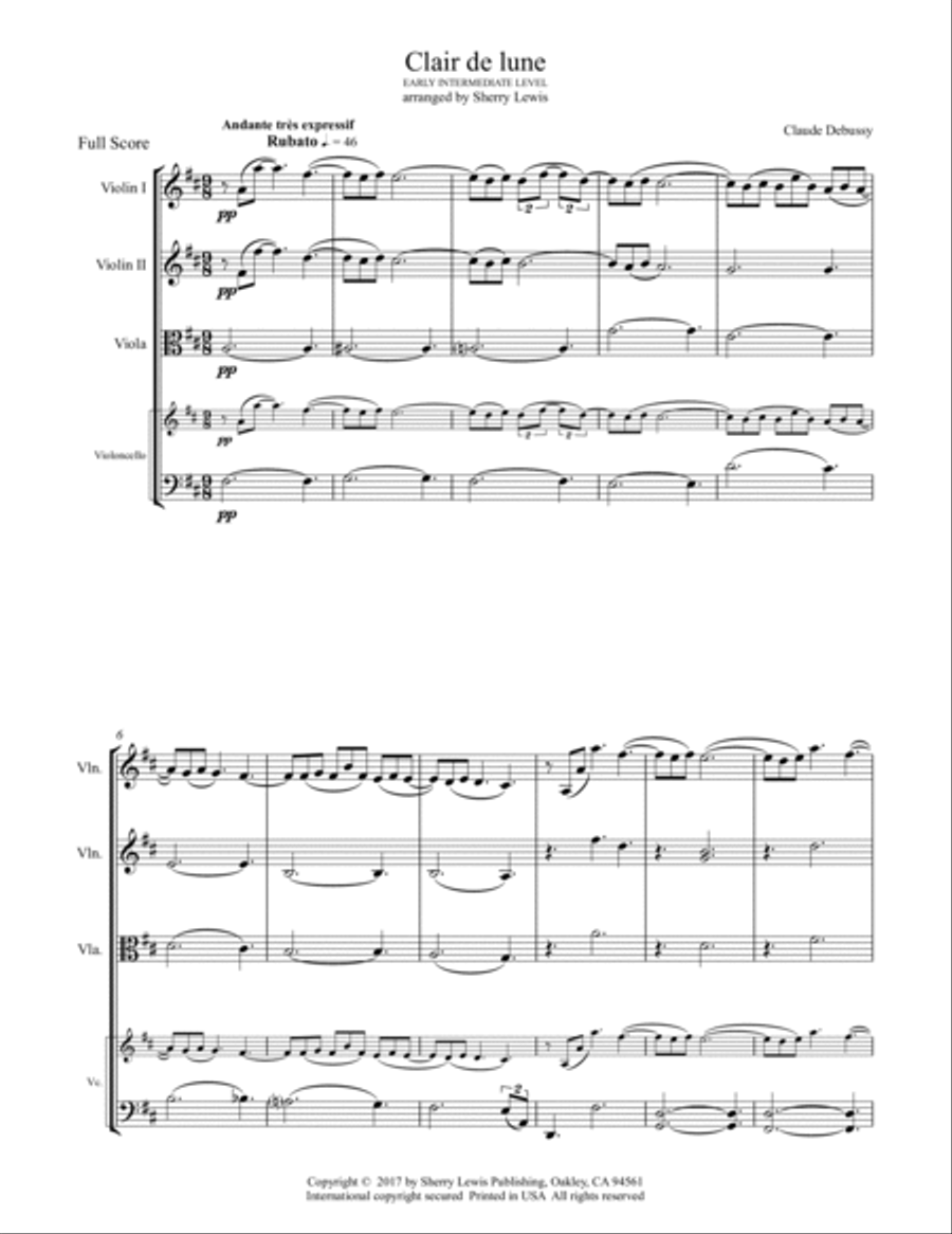 CLAIR DE LUNE String Quartet Early Intermediate level for 2 violins, viola and cello image number null