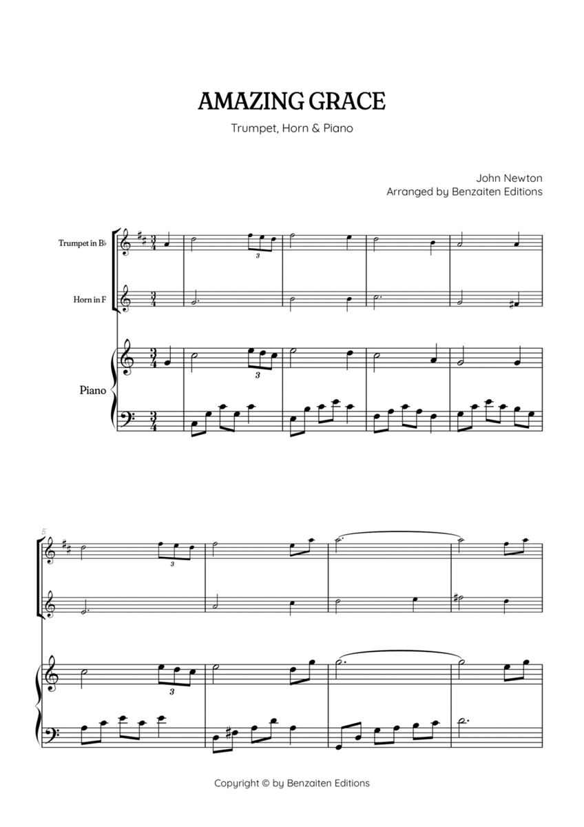 Amazing Grace • easy trumpet and french horn sheet music with piano accompaniment image number null