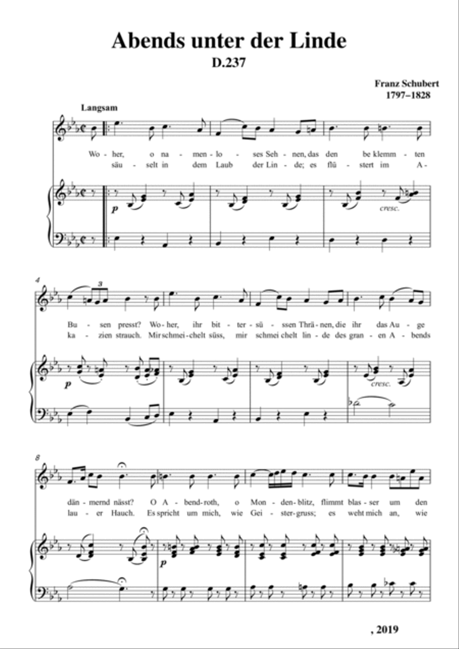 Schubert-Abends unter der Linde,D.237 in bE for Vocal and Piano Voice scores gallery preview page 2