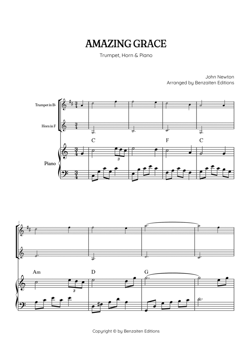 Amazing Grace • super easy trumpet & french horn sheet music w/ int piano accompaniment chords image number null