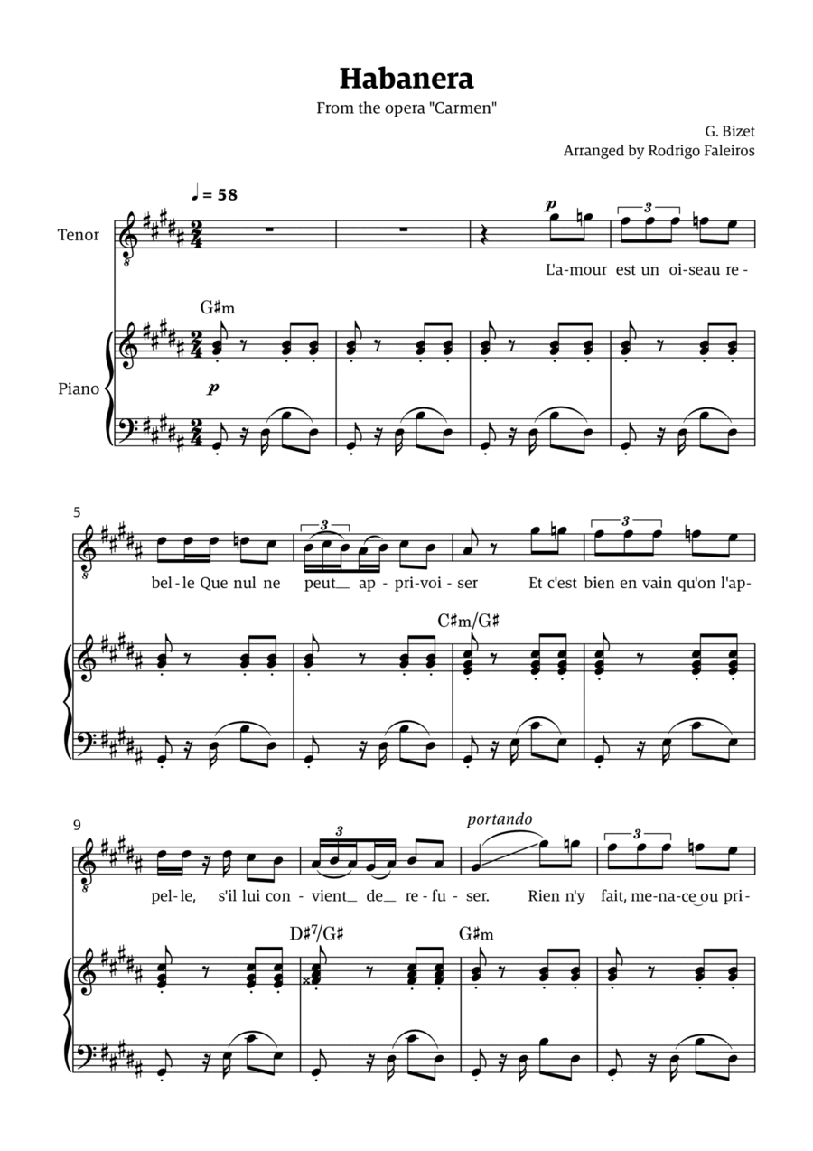 Habanera (for tenor - G# minor/ Ab major) Chamber Music scores gallery preview page 1