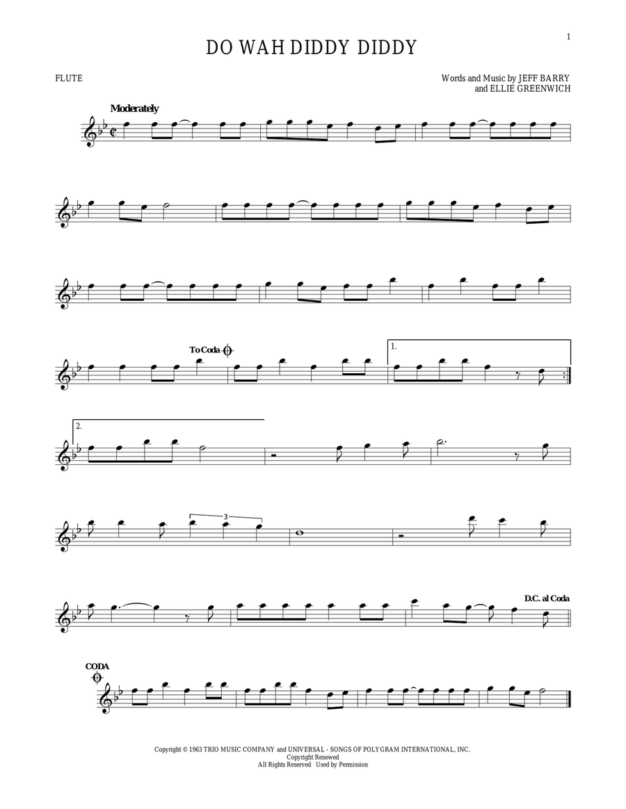 Do Wah Diddy Diddy Do Wah Diddy Diddy Flute Solo scores gallery preview page 1