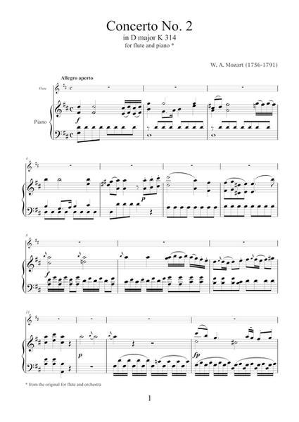 Concerto No.2 in D major K314 by Mozart, arrangement for flute and piano