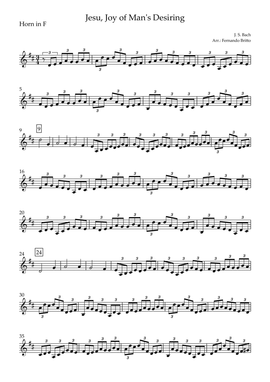 Jesu, Joy of Man's Desiring (J. S. Bach) for Horn in F Solo Horn Solo scores gallery preview page 1