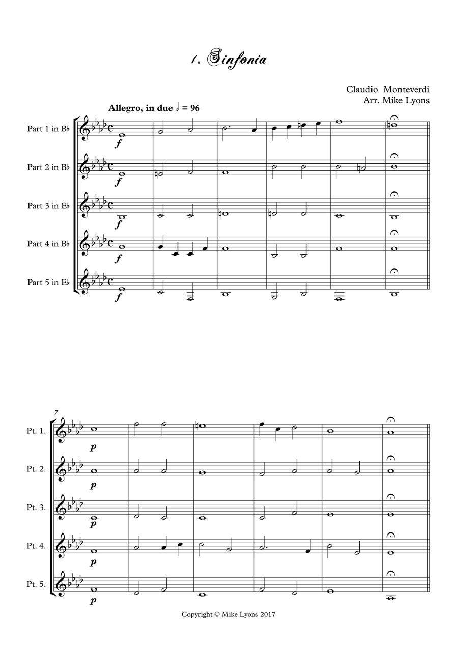Monteverdi - The Seventh Book of Madrigals (1619) - 01. Sinfonia and Tempro la cetra a5 Brass Ensemble scores gallery preview page 3