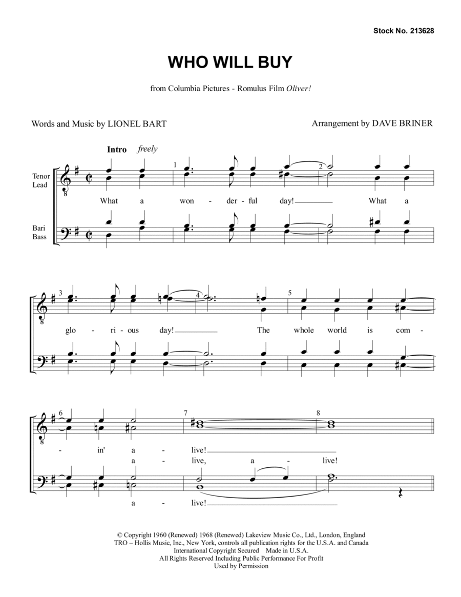 Who Will Buy (from Oliver!) (arr. Dave Briner) TTBB scores gallery preview page 1
