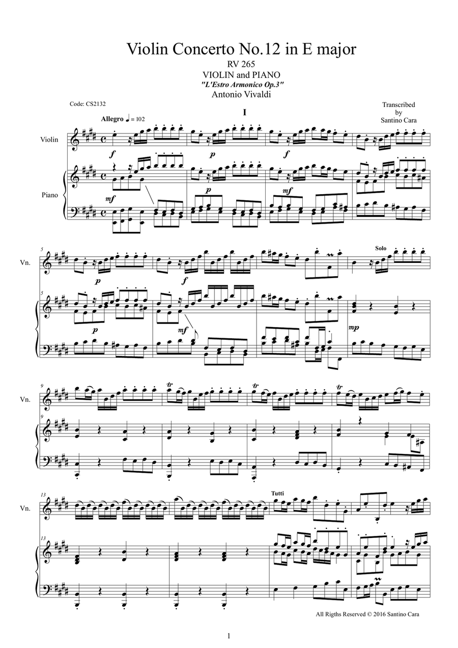 Vivaldi - Violin Concerto No.12 in E major RV 265 Op.3 for Violin and Piano Violin Solo scores gallery preview page 1