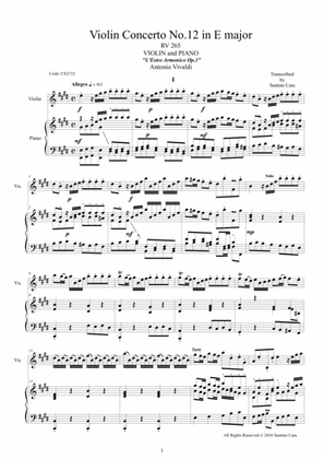 Book cover for Vivaldi - Violin Concerto No.12 in E major RV 265 Op.3 for Violin and Piano