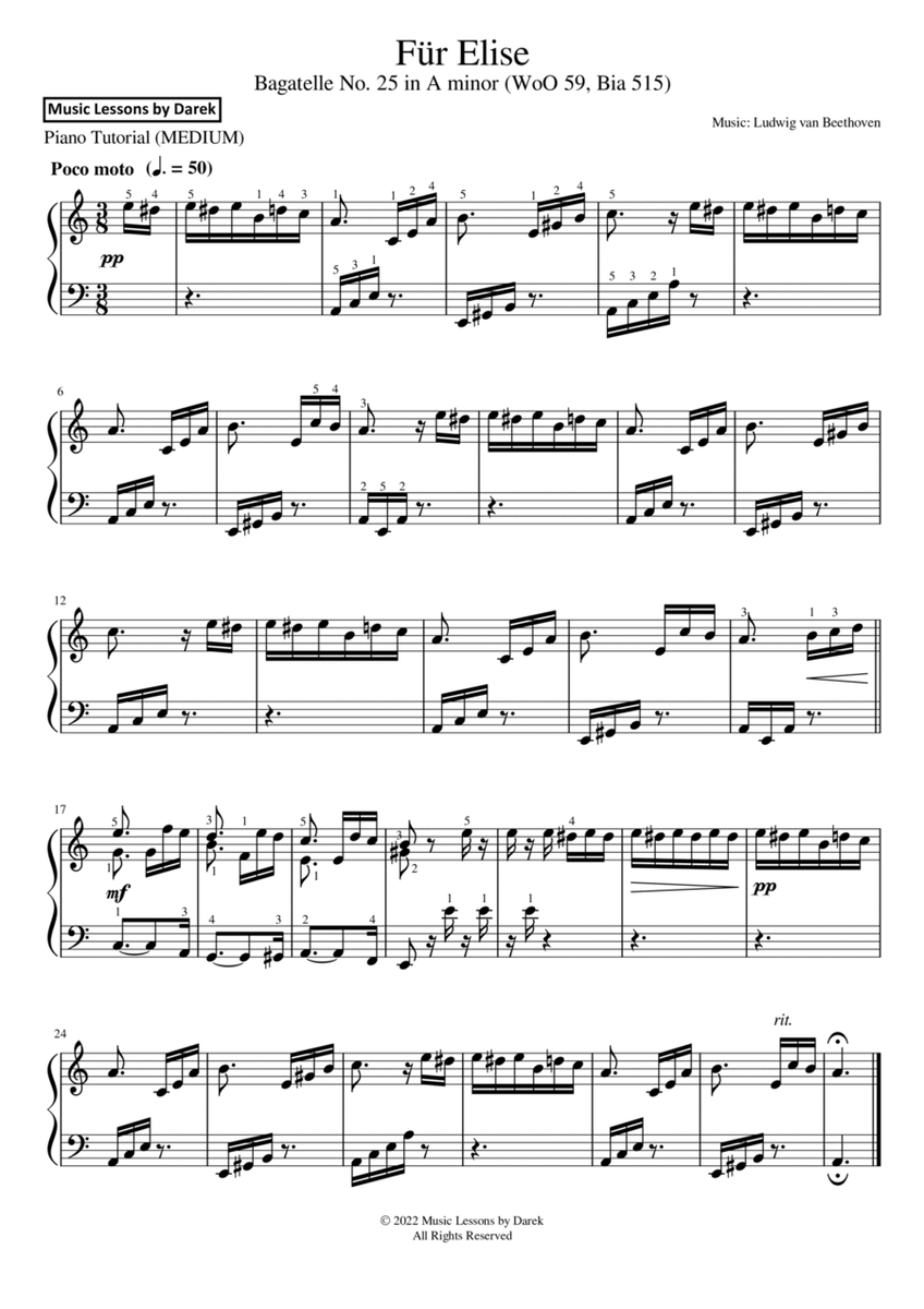 Für Elise (MEDIUM PIANO) Bagatelle No. 25 in A minor (WoO 59, Bia 515) [Ludwig van Beethoven] image number null