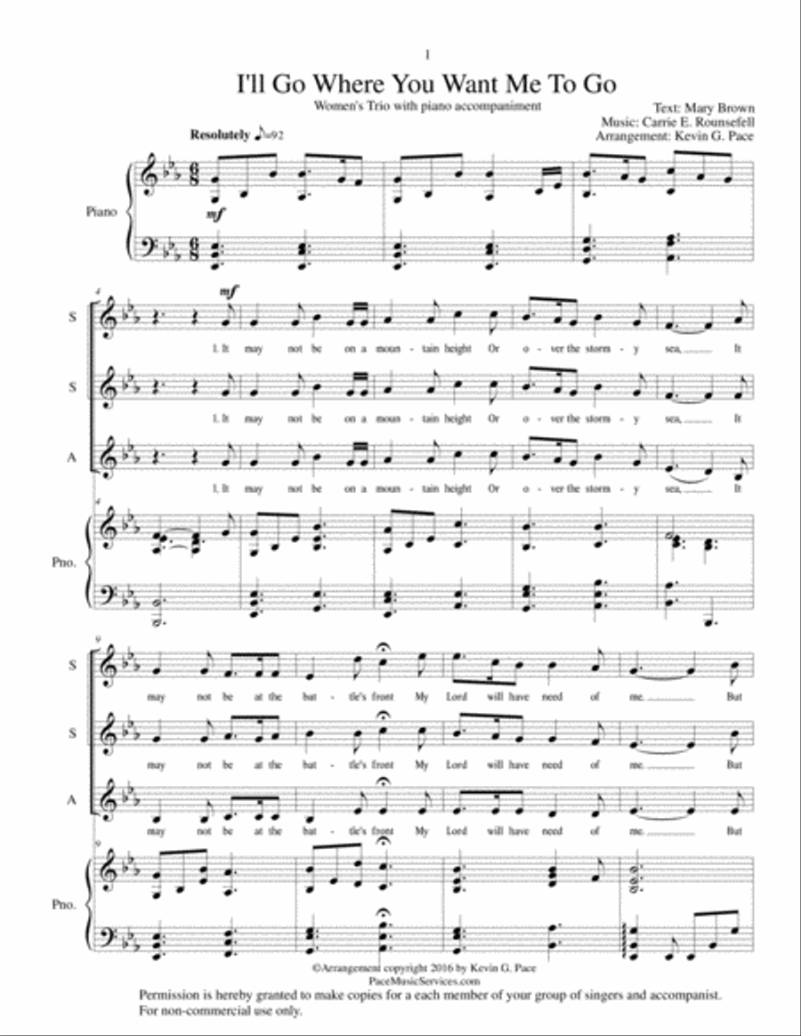 I'll Go Where You Want Me To Go - SSA vocal trio with piano accompaniment SSA scores gallery preview page 1