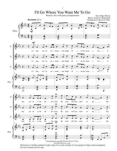 I'll Go Where You Want Me To Go - SSA vocal trio with piano accompaniment image number null