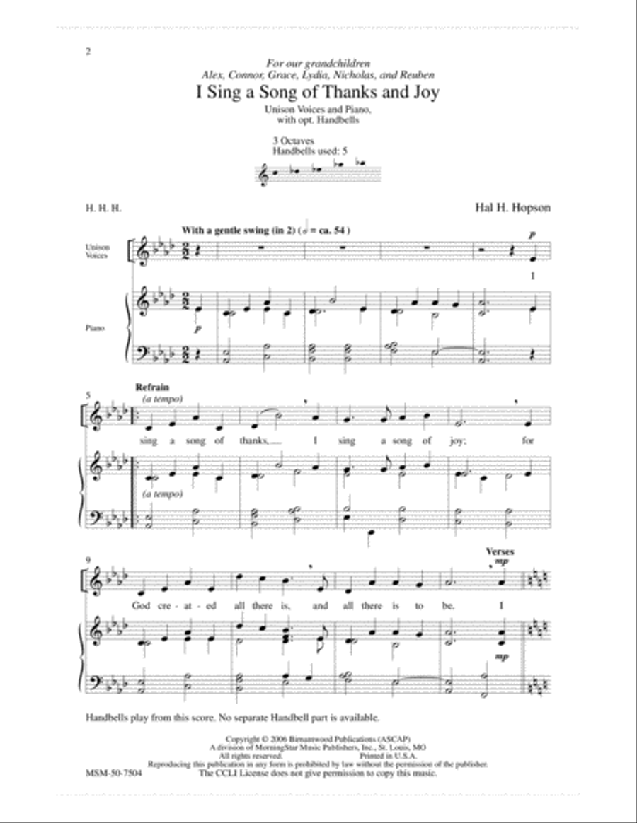 I Sing a Song of Thanks and Joy Unison Choir scores gallery preview page 2