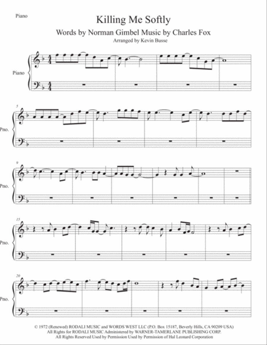 Killing Me Softly With His Song Easy Piano scores gallery preview page 1